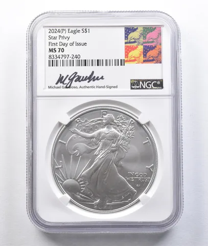 2024 (P) American Silver Eagle Star Privy Gaudioso FDOI MS70 NGC *2948