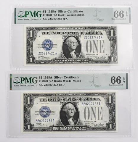 (2) 1928 A $1 Silver Certificate Fr#1601 GU 66 EPQ PMG Consecutive Serial *5256