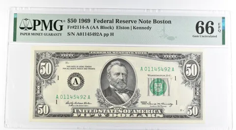 1969 $50 Boston MA US FRN Fr#2114-A 66 Gem Unc EPQ PMG *8500