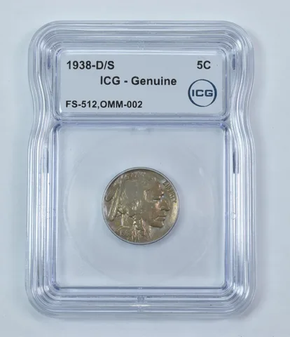 Error 1938-D/S Indian Head Buffalo Nickel FS-512 OMM-002 Genuine ICG *9253