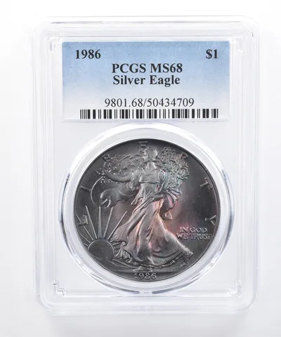 1986 American Silver Eagle MS68 PCGS Dark Blue/Purple Tone *8431