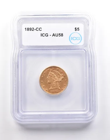 1892-CC $5 Liberty Head Gold Half Eagle AU58 ICG a5108