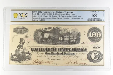 1862 $100 Confederate States America T-40 PF-1 CR-398/300 Choice AU58 PCGS *4431