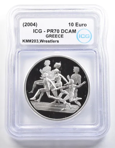 (2004) Greece 10 Euro Olympic Wrestlers KM#203 PR70 DCAM ICG a4046