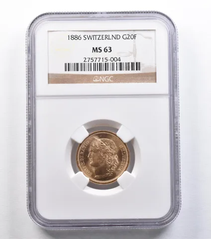 1886 Switzerland 20 Francs Gold MS63 NGC *2226