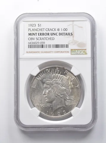 Err UNC Dtls 1923 Peace Silver $1 Planchet Crack @ 1:00 OBV Scratched NGC *7913