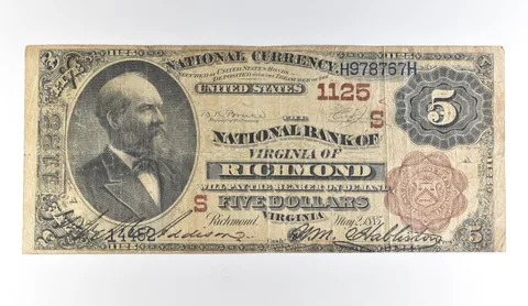 1882 $5 Richmond VA National Currency Large Note Red Seal 1125 Brown Back *1688
