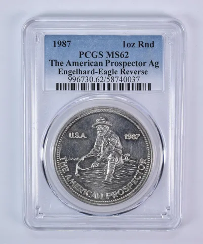 1987 Engelhard Prospector 1 Oz Silver Round Eagle Reverse MS62 PCGS