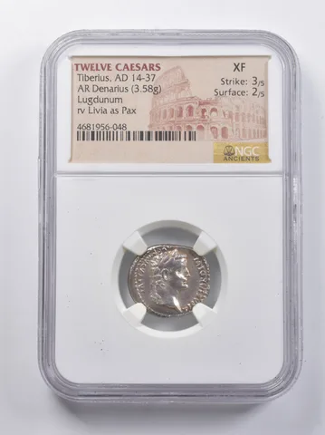 XF AD 14-37 AR Denarius Twelve Caesars NGC Ancients Tiberius *6824