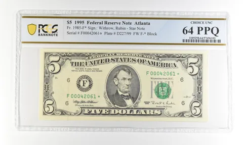 1995 $5 FRN Atlanta GA Fr#1985-F* Star Error Choice Unc 64 PPQ PCGS *4235