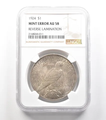 1924 Peace Silver Dollar Mint Error Reverse Lamination AU58 NGC *4580