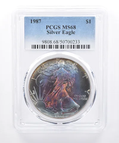 1987 American Silver Eagle MS68 PCGS Dark Rainbow Tone *8459