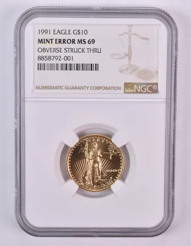 1991 $10 American Gold Eagle Mint Error Obv Struck Thru 1/4 Oz MS69 NGC *1001