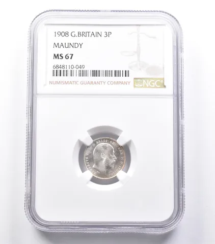 MS67 1908 Great Britain 3 Pence Maundy NGC a5318