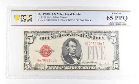 1928 E $5 US Legal Tender Fr#1530 Gem Unc 65 PPQ PCGS a2349