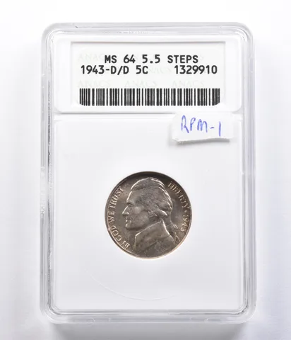 1943-D/D Jefferson Nickel MS64 5.5 Steps ANACS RPM-1 *8186