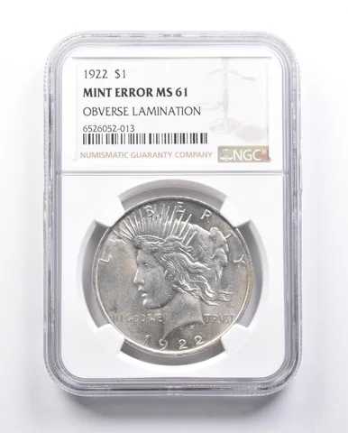 MS61 1922 Peace Silver Dollar Error OBV Lamination NGC *6647