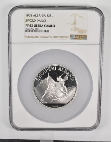 PF62 UCAM 1968 Albania 25 Silver Leke - Sword Dance - Graded NGC *0139