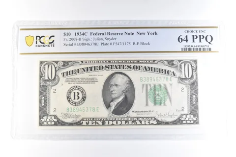 1934 C $10 New York NY FRN Fr#2008-B Choice Unc 64 PPQ PCGS a6076