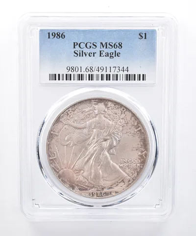 1986 American Silver Eagle MS68 PCGS Purple/Blue Tone *8438