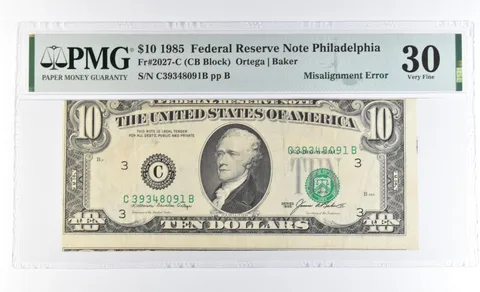 1985 $10 Philadelphia PA FRN Fr#2027-C Misalignment Error VF 30 PMG a1073
