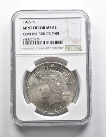 Mint Error MS62 1925 Peace Silver Dollar OBV Struck Thru NGC a1922