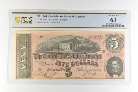 1864 $5 Confederate States America T-69 PF-10 CR-564 Choice Unc 63 PCGS *4483