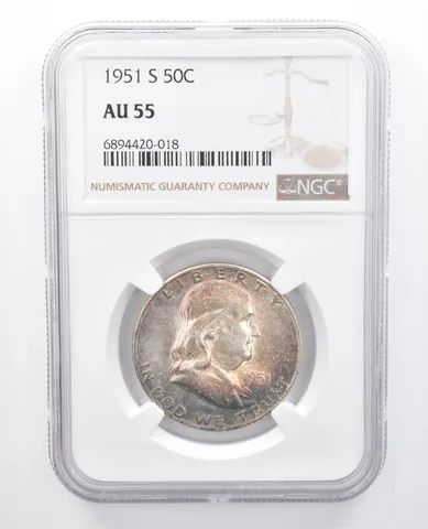 1951-S Franklin Half Dollar AU55 NGC Beautiful Blue Tone *7657