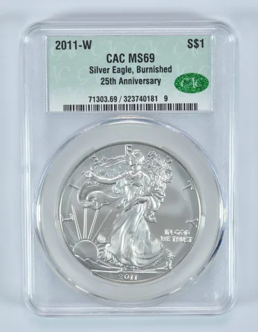 2011-W Burnished Silver Eagle 25th Anniversary MS69 CAC CACg