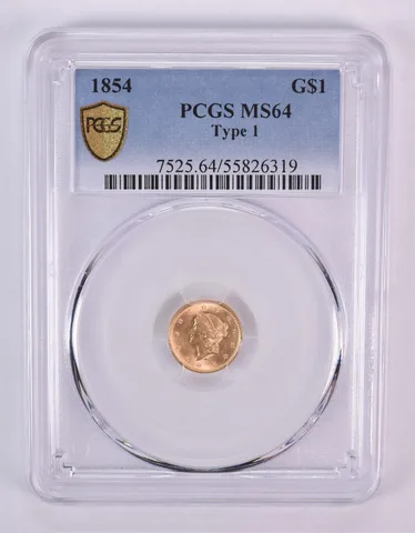 1854 $1 Liberty Head Gold Dollar Type 1 MS64 PCGS *1027