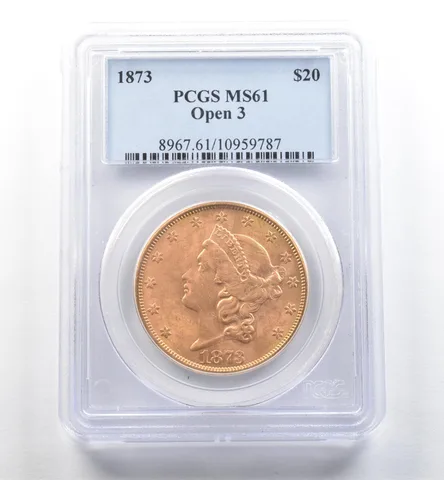 1873 $20 Liberty Head Gold Double Eagle Open 3 MS61 PCGS *3550