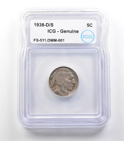 1938-D/S Indian Head Buffalo Nickel FS-511 OMM-001 Genuine ICG a1517
