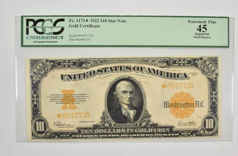 $10 1922 U.S. Gold Certificate Large Note - Graded PCGS - 45 XF STAR NOTE *0734