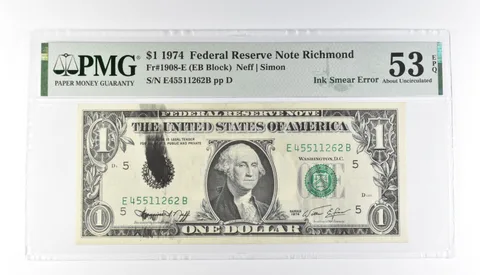 PMG 53 AU EPQ $1 1974 FRN Richmond Fr#1908-E Ink Smear Error *3191