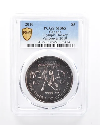 2010 Canada 5 Dollars Silver Vancouver Olympics Hockey MS65 PCGS Nice Tone *5373