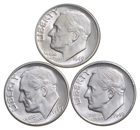 Choice Unc 1949 P+D+S Roosevelt Dime Gem BU Collection Lot Set