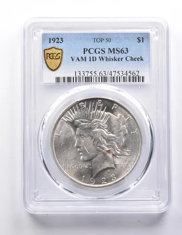 MS63 1923 Peace Silver Dollar VAM 1D Whisker Check Top 50 PCGS *7652