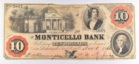 1860 $10 Monticello Bank Virginia Bank Note No#5867 *7117