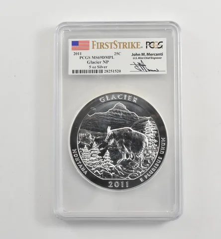 2011 5 Oz Silver Quarter ATB Glacier Mercanti MS69 DMPL PCGS a1703