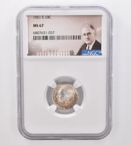 1951-S Roosevelt Dime MS67 NGC Beautiful Tone *9894