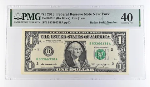 2013 $1 New York NY FRN Radar S/N Fr#3002-B Extremely Fine 40 PMG *9495