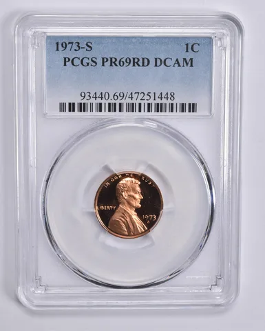 1973-S Lincoln Memorial Cent 1c PR69 DCAM RD PCGS Blue Lbl