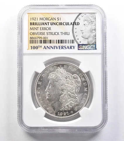 1921 Morgan Silver Dollar Mint Error Obverse Struck Thru BU NGC *2221