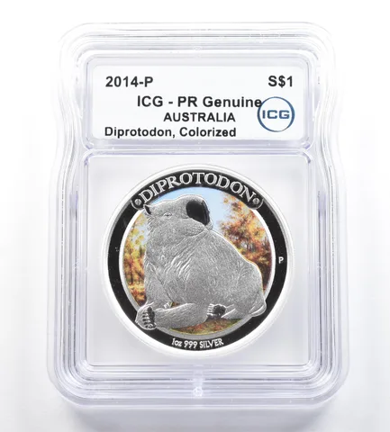 2014 P Australia 1 Dollar 1 Oz Silver Diprotodon Colorized PR Genuine ICG *5263
