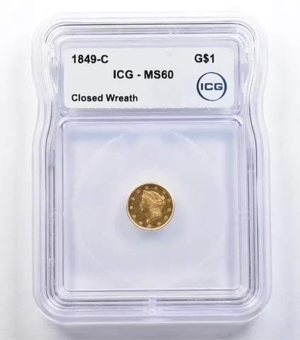 1849-C $1 Liberty Head Gold Dollar Closed Wreath MS60 ICG *2190