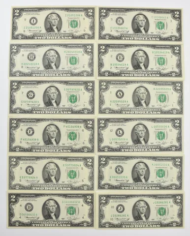 Set of (12) 1976 $2 FRN Green Seal District Set - All Districts - UNC