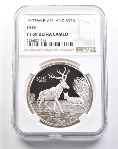 1993 FM British Virgin Islands 25 Dollars Silver Deer PF69 UCAM NGC *4926