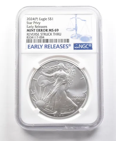 2024 (P) American Silver Eagle Star Privy Error Rev Struck Thru MS69 NGC *5672