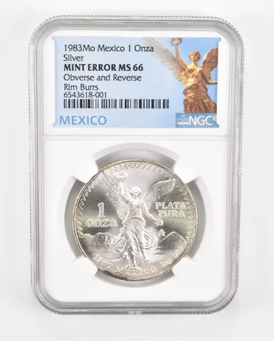 ERROR MS66 1983 Mo Mexico 1 Silver Onza - OBV & REV Rim Bars - Graded NGC *0537