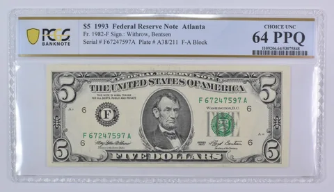 1993 $5 Atlanta GA FRN Fr#1982-F Choice Unc 64 PPQ PCGS